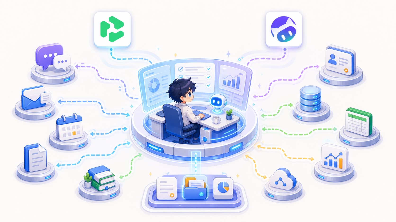 千问办公和 WorkBuddy 作为个人 Agent 入口，连接企业聊天、邮件、日历、文档、知识库、数据库、表格、分析与外部云服务