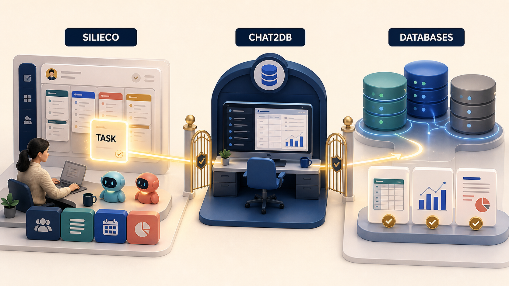 Silieco 将组织任务交给 Chat2DB Database Agent，再由它安全连接数据库并交付数据产物