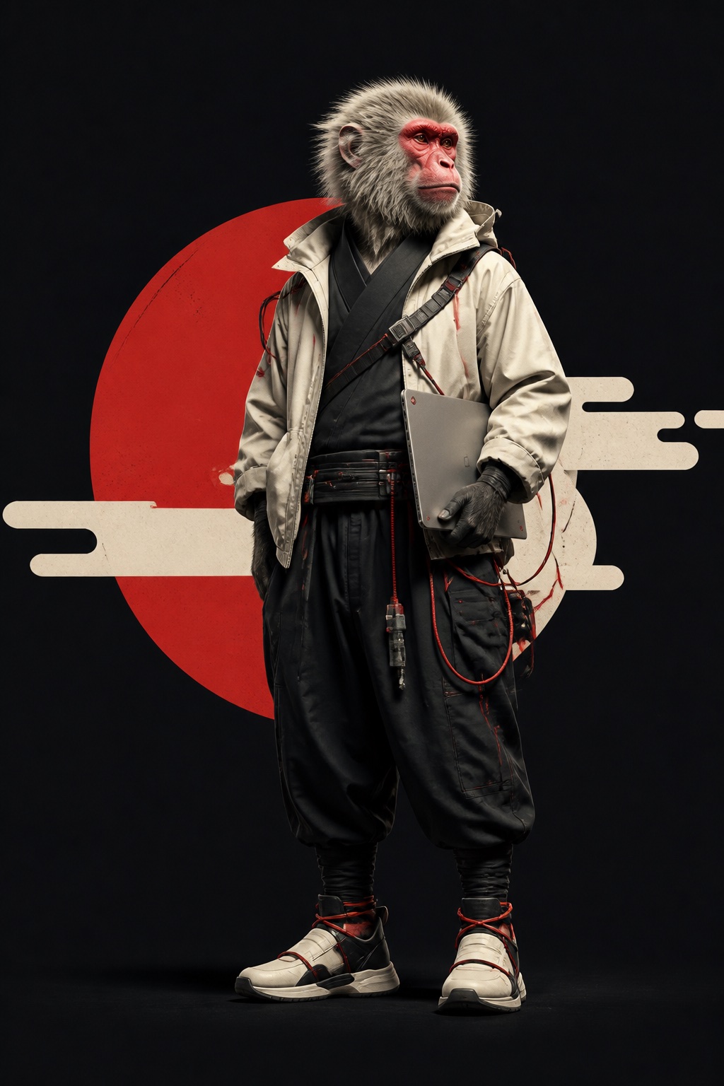 雪猴 AI 工程师站立并手持笔记本电脑