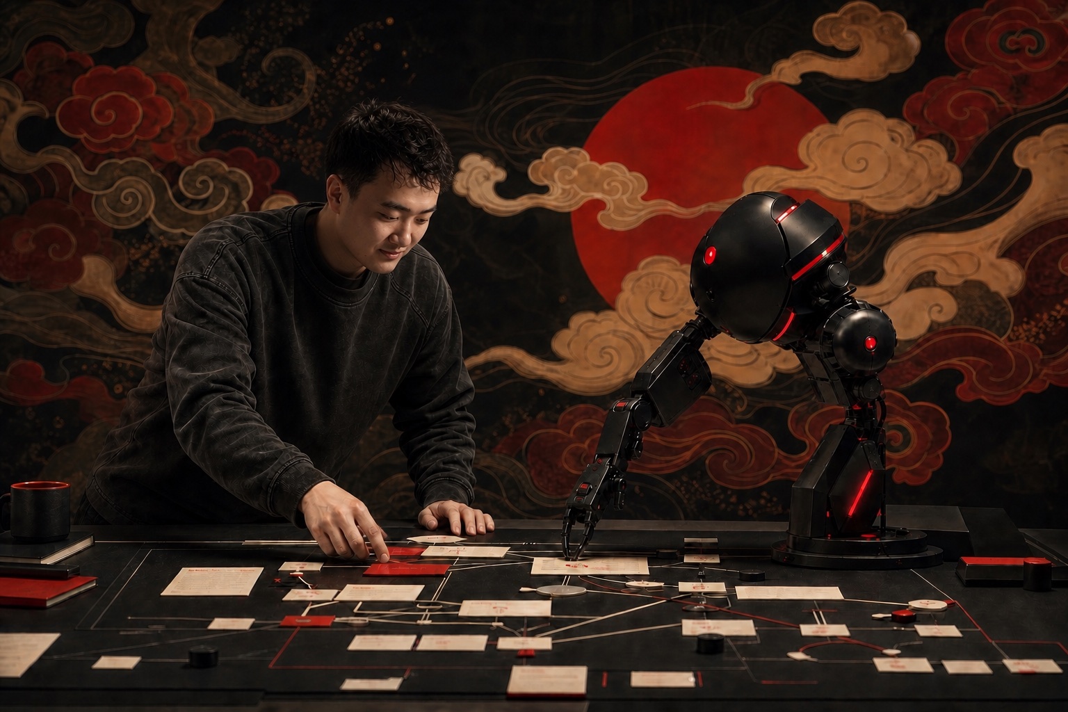 工程师与 AI Agent 在中国祥云背景中围绕共享任务空间协作